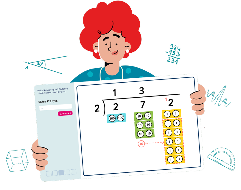 illustrationof a teacher holding up a LbQ maths question set