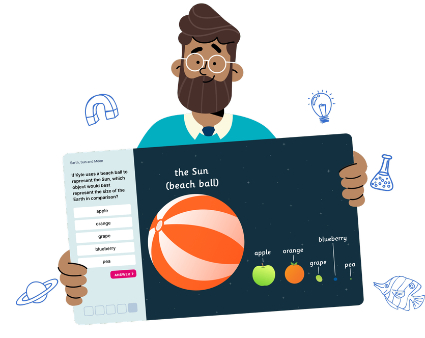 illustrationof a teacher holding up a LbQ science question set