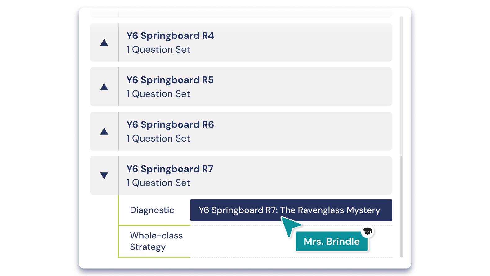 screenshot of a teacher selecting a diagnostic reading strategy question set