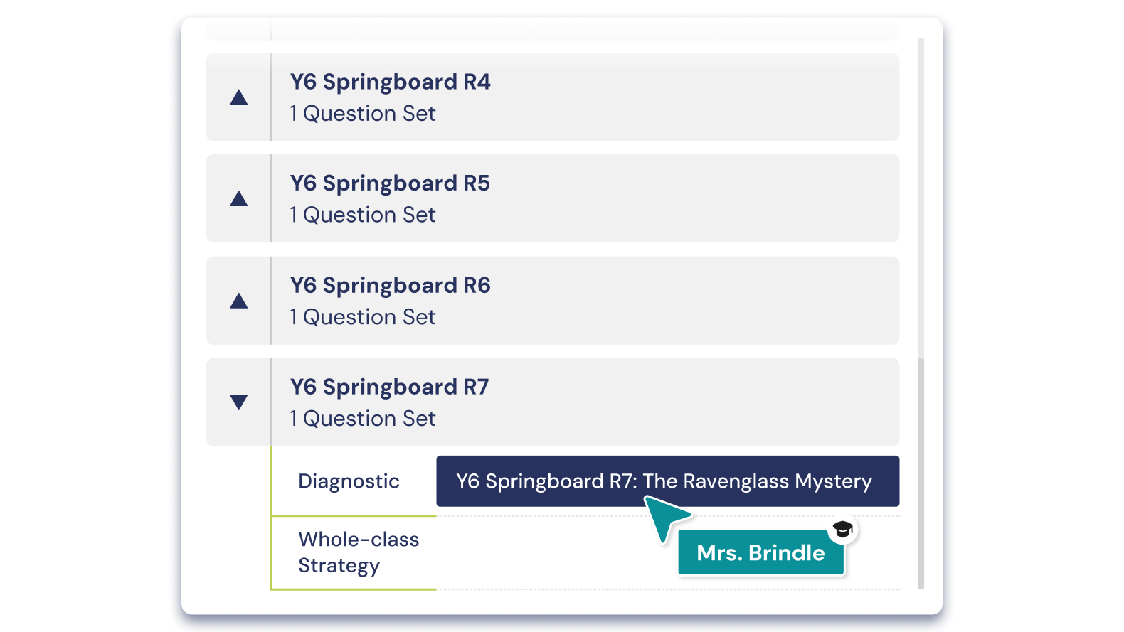 screenshot of a teacher selecting a diagnostic reading strategy question set