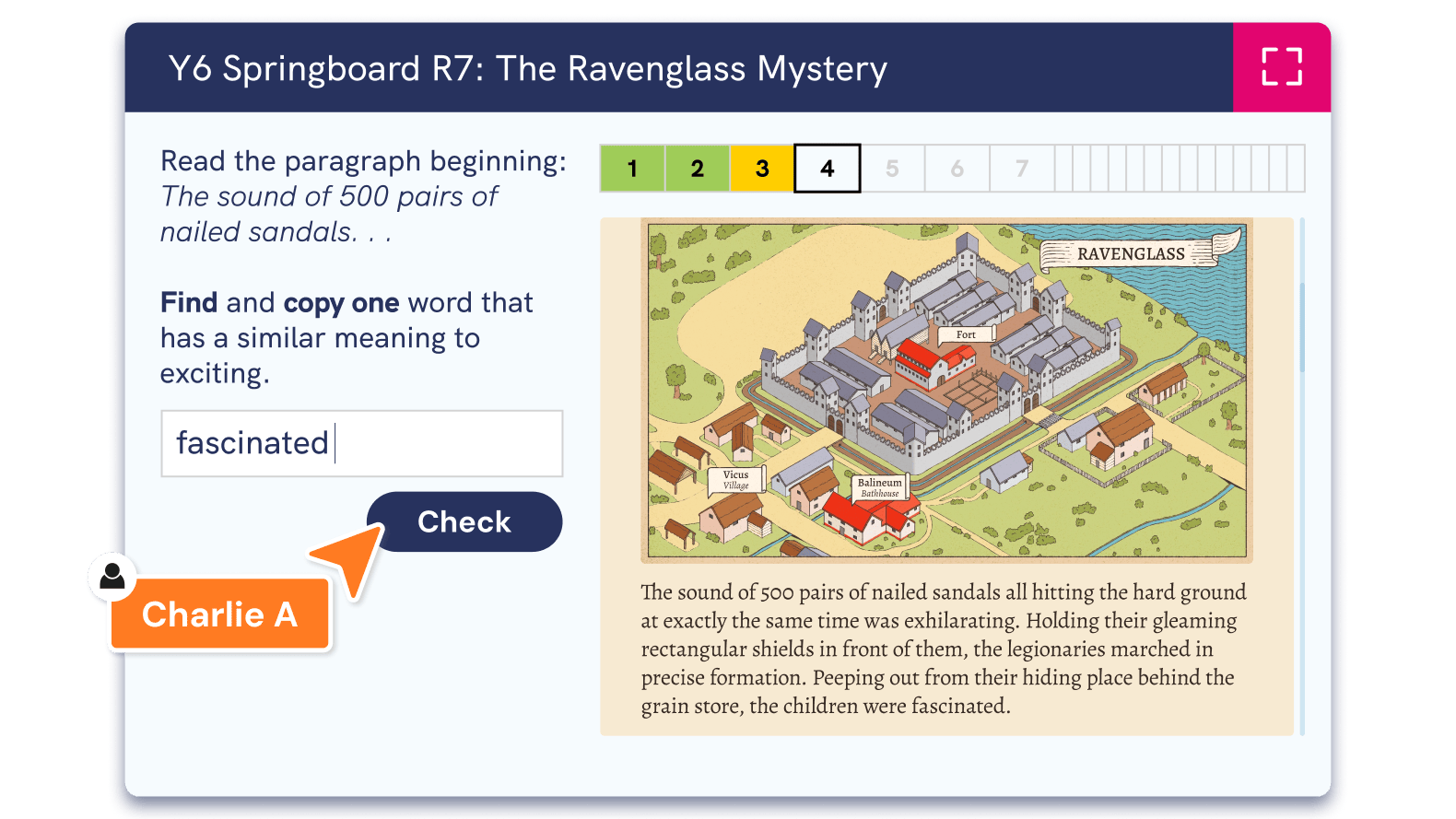 screenshot of a pupil answering a diagnostic reading strategy question set