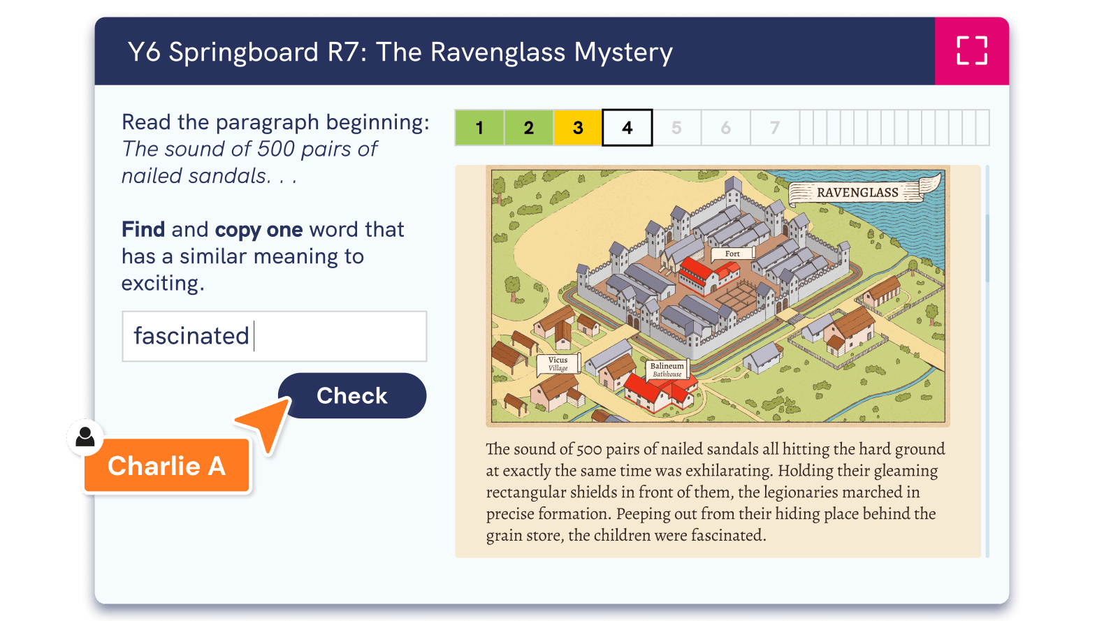 screenshot of a pupil answering a diagnostic reading strategy question set