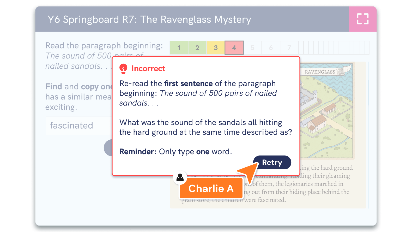 screenshot of a pupil receiving incorrect feedback in a diagnostic reading strategy question set