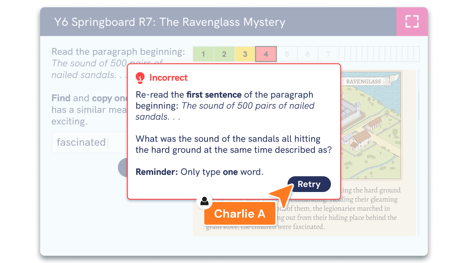screenshot of a pupil receiving incorrect feedback in a diagnostic reading strategy question set