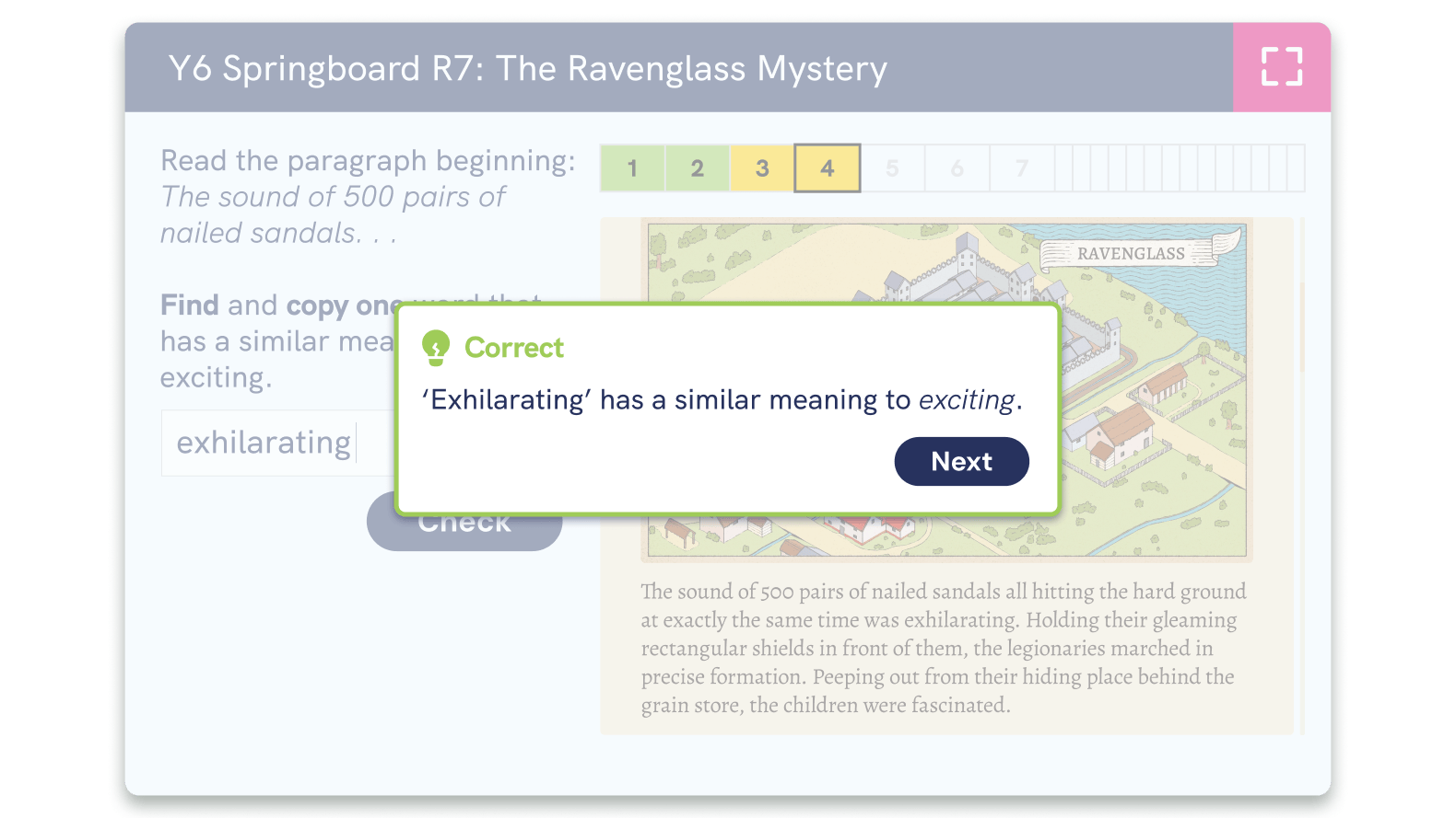 screenshot of a pupil receiving correct feedback in a diagnostic reading strategy question set