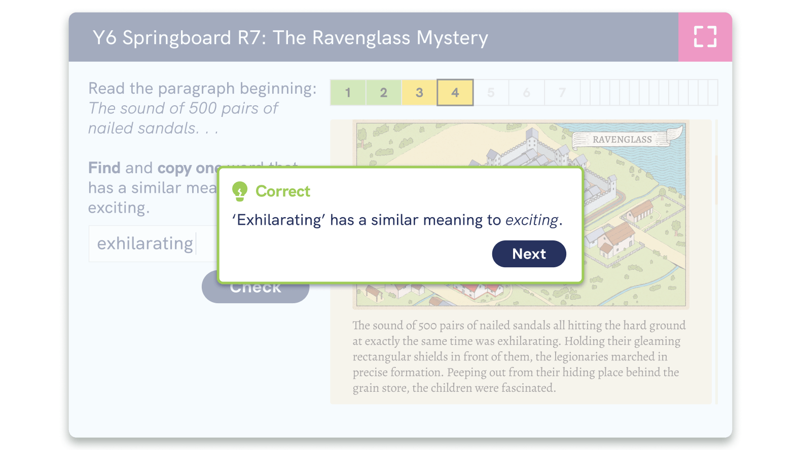 screenshot of a pupil receiving correct feedback in a diagnostic reading strategy question set