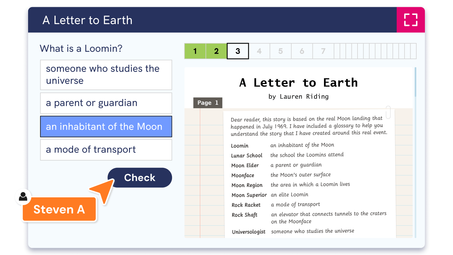 screenshot of a pupil answering a further reading strategy question set