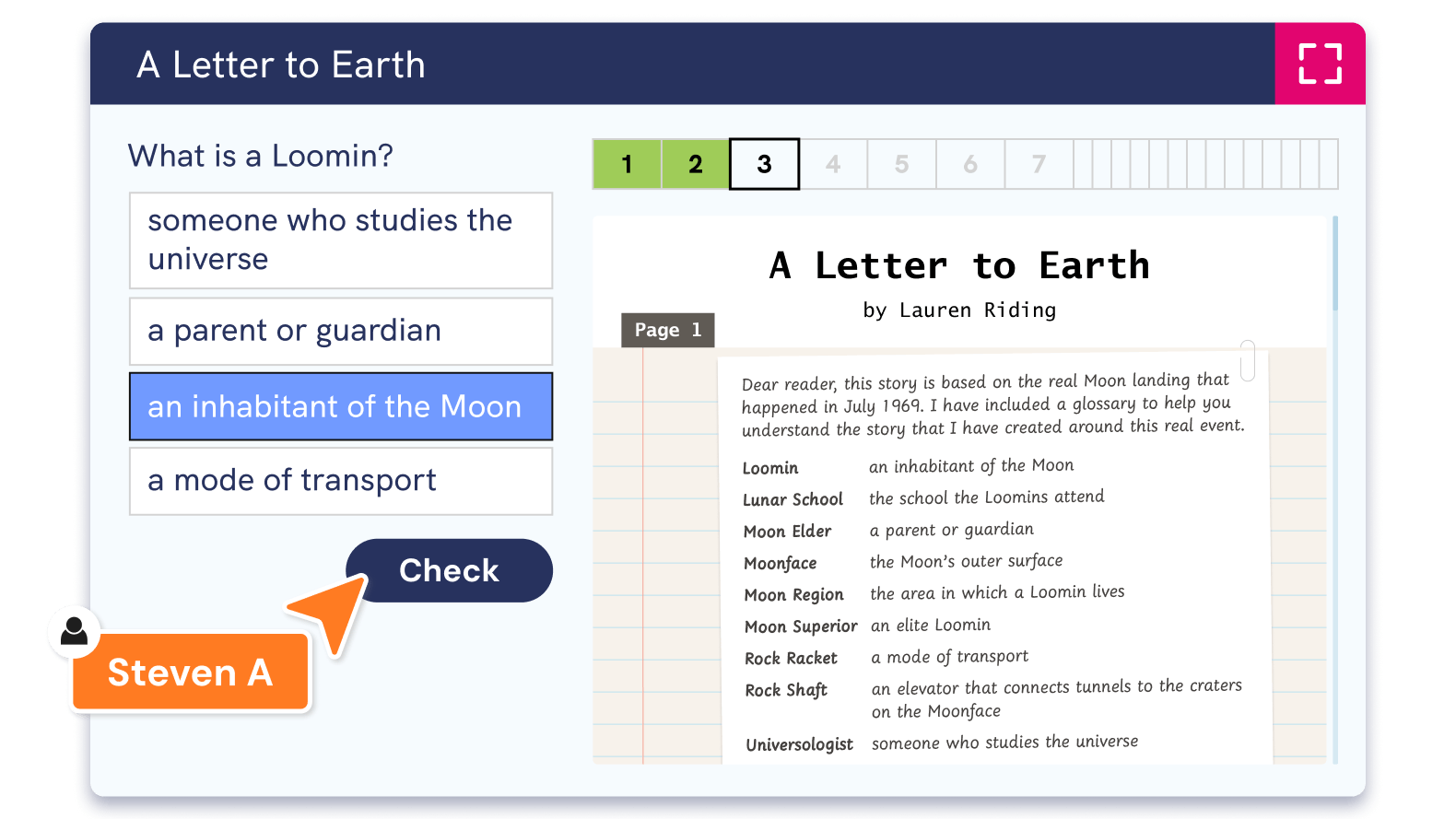screenshot of a pupil answering a further reading strategy question set