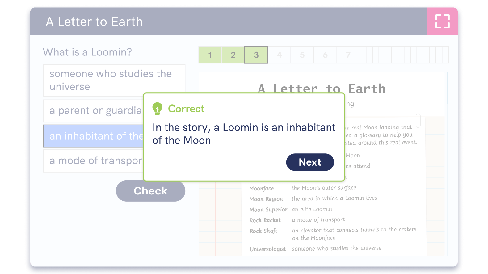 screenshot of a pupil reciving correct feedback from a further reading strategy question set