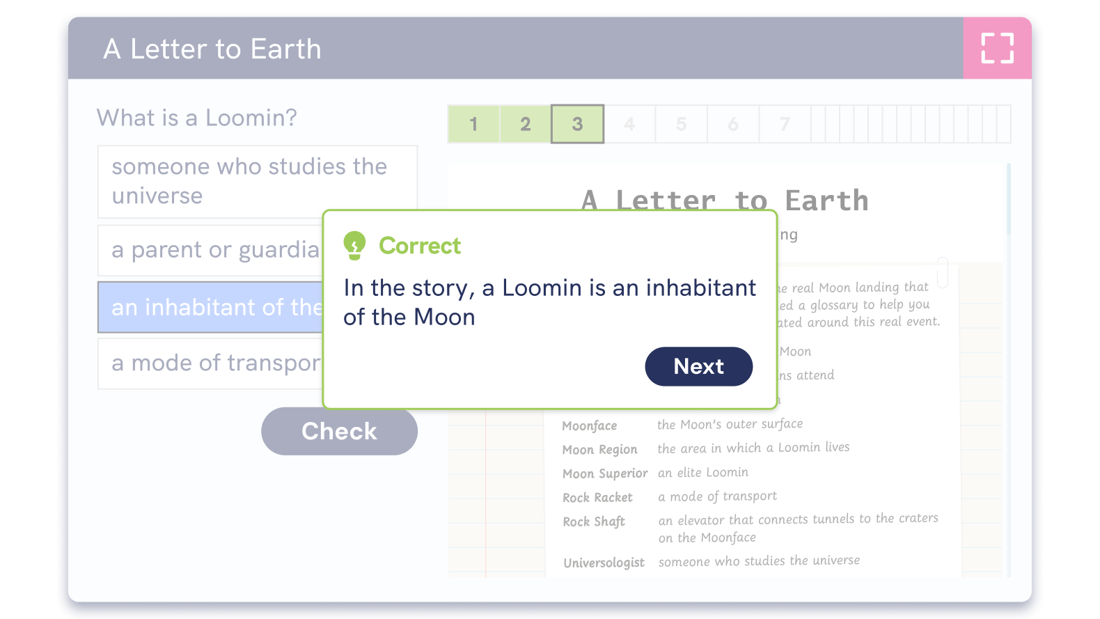 screenshot of a pupil reciving correct feedback from a further reading strategy question set