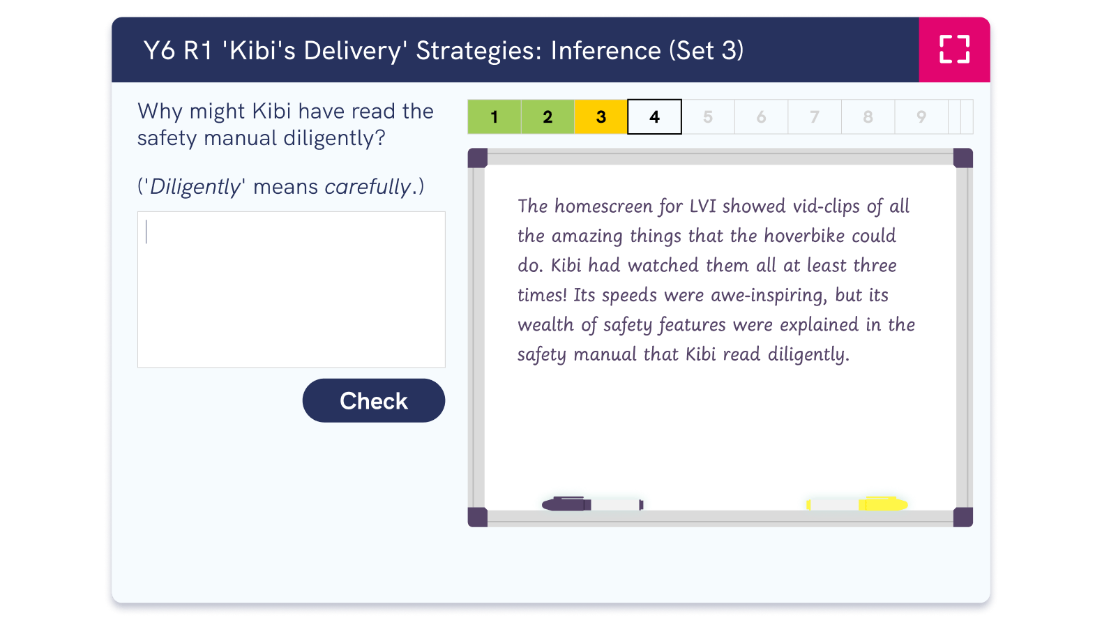 screenshot of answering a reading strategy question set