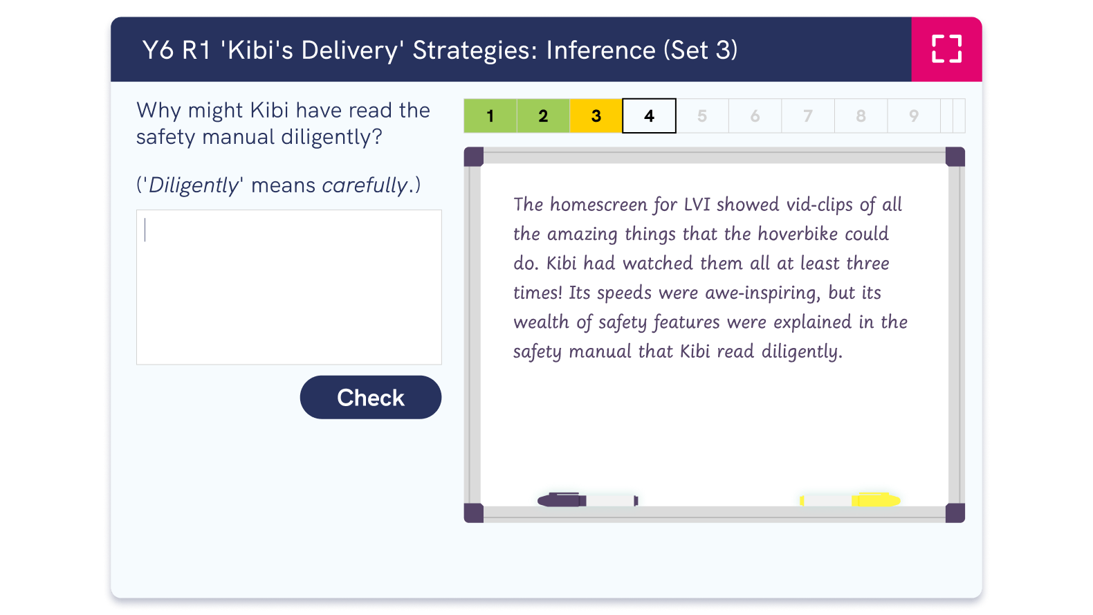 screenshot of answering a reading strategy question set
