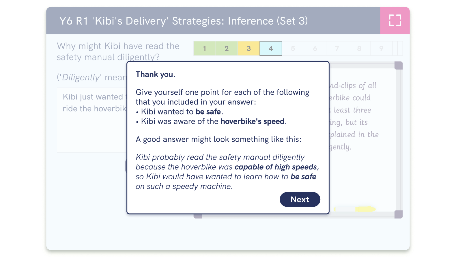 screenshot of feedback from a reading strategy question set