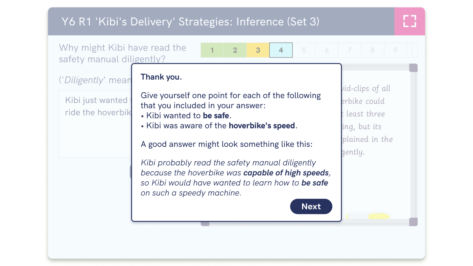 screenshot of feedback from a reading strategy question set