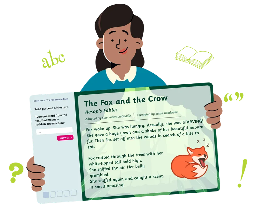 illustrationof a teacher holding up a LbQ english question set