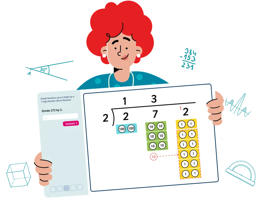 illustrationof a teacher holding up a LbQ maths question set