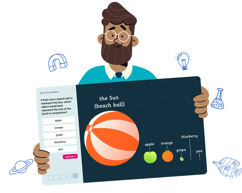 illustrationof a teacher holding up a LbQ science question set